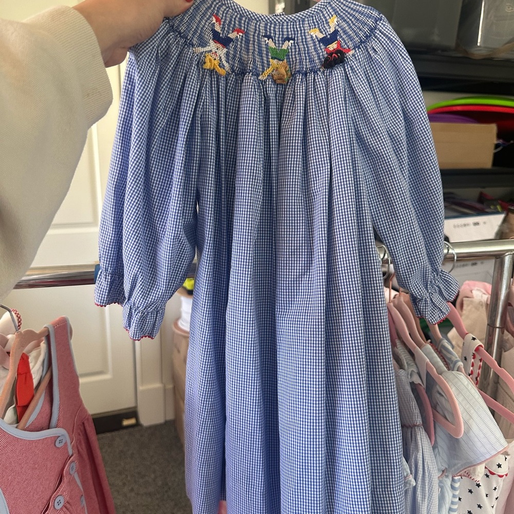 Blue Gingham Smocked Dress with Embroidery